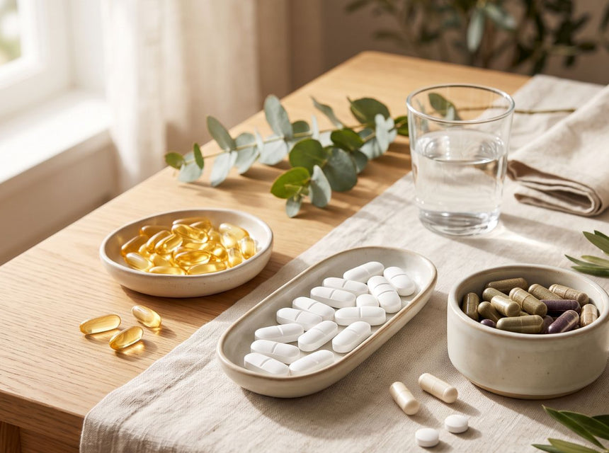 Selection of complementary vitamin and mineral supplements arranged together to represent a daily wellness bundle
