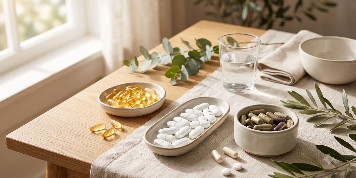 Selection of complementary vitamin and mineral supplements arranged together to represent a daily wellness bundle