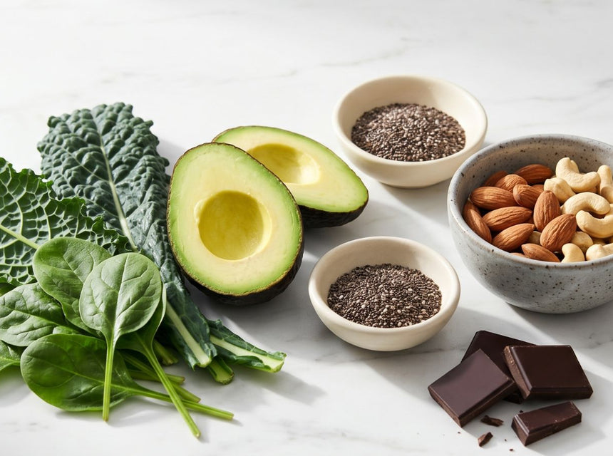 Magnesium-rich foods and supplements including nuts, greens, chocolate and chia seeds