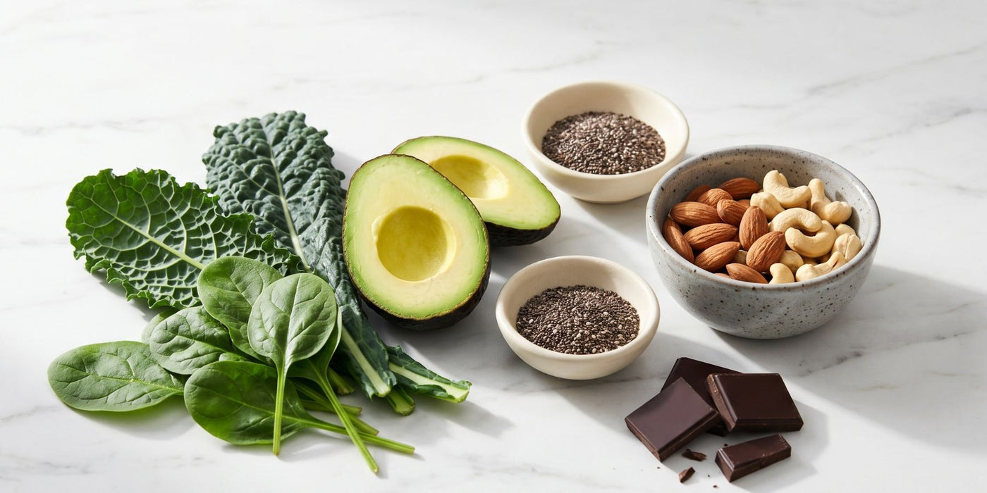 Magnesium-rich foods and supplements including nuts, greens, chocolate and chia seeds