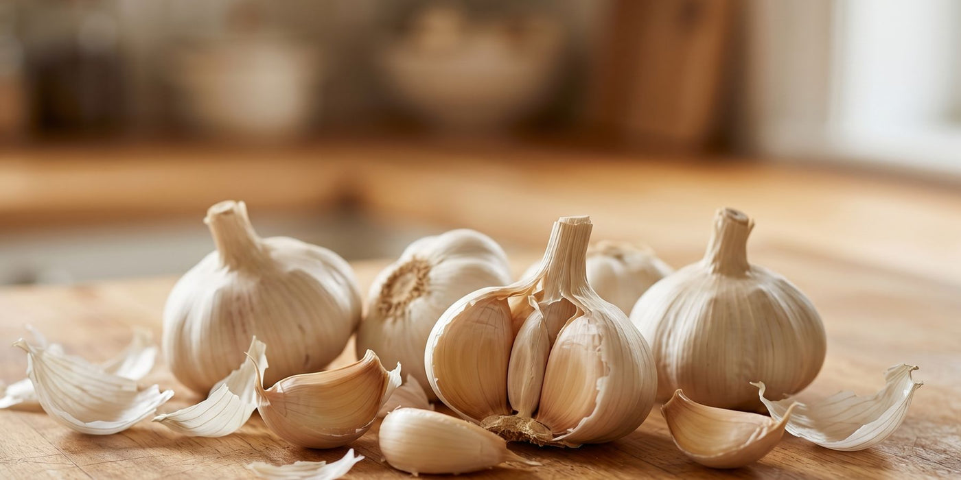 Fresh garlic cloves and bulbs on a wooden kitchen surface