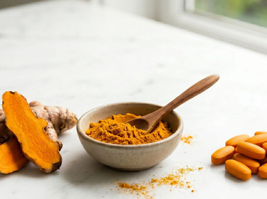 Bowl of turmeric powder with a wooden scoop, fresh turmeric roots, and turmeric tablets on a light surface