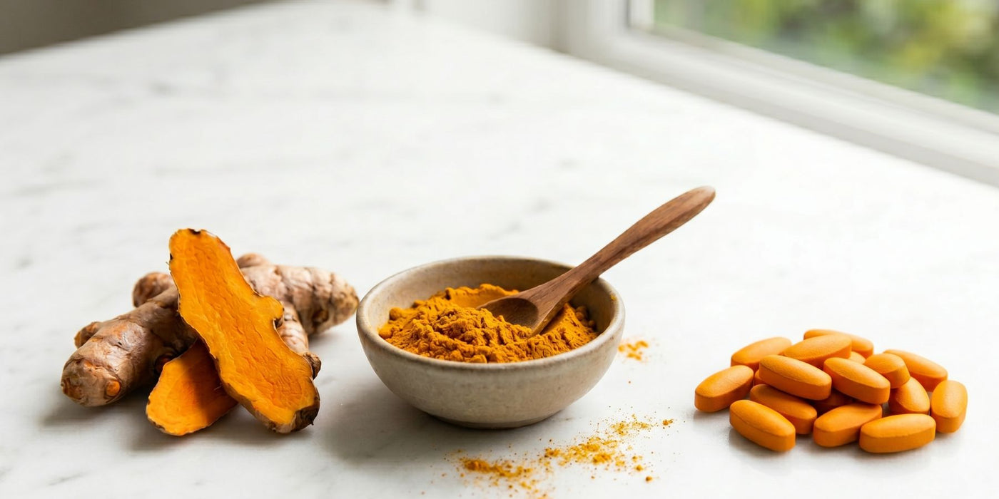 Bowl of turmeric powder with a wooden scoop, fresh turmeric roots, and turmeric tablets on a light surface