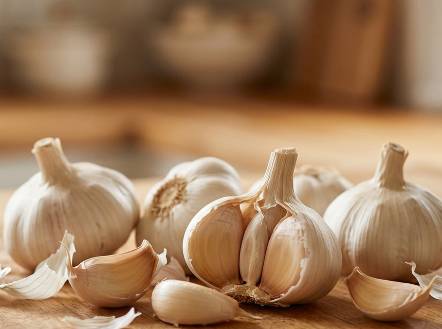 Fresh garlic cloves and bulbs on a wooden kitchen surface