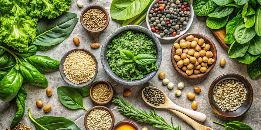 Top-down spread of leafy greens, grains, legumes and nuts highlighting magnesium rich foods.