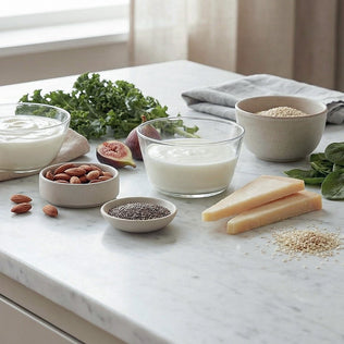 Calcium rich foods on a marble surface, including yogurt, almonds, cheese, figs and leafy greens.