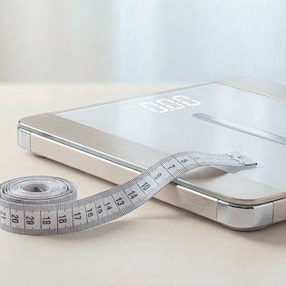 Digital bathroom scale with a measuring tape looping across its surface.