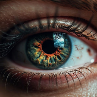 Close-up of a blue green eye with an orange ring and long lashes.