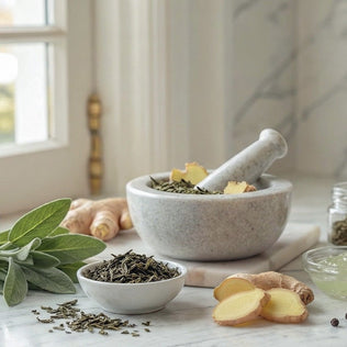 Stone mortar and pestle with dried herbs, ginger slices, and fresh sage on a marble surface