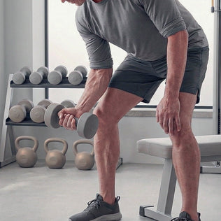 Man in gray athletic wear bends to lift a dumbbell in a home gym with a weight rack in the background.