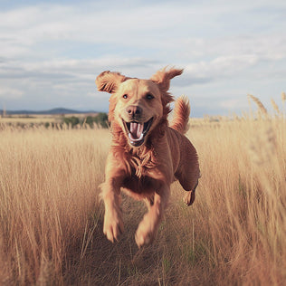 Golden retriever sprinting across a sunlit field of tall grass.