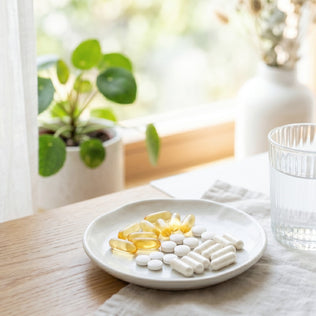 Plate with yellow gel capsules and white tablets on a wooden table beside a glass of water