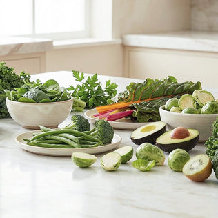 Assorted fresh greens and vegetables on a marble kitchen counter including avocado broccoli and Brussels sprouts