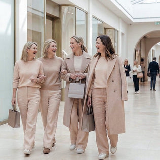 Four women in coordinated beige outfits stroll and chat in a bright shopping arcade, carrying shopping bags.