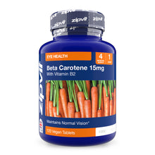 Beta Carotene 15mg eye health bottle with Vitamin B2 front label and carrot image