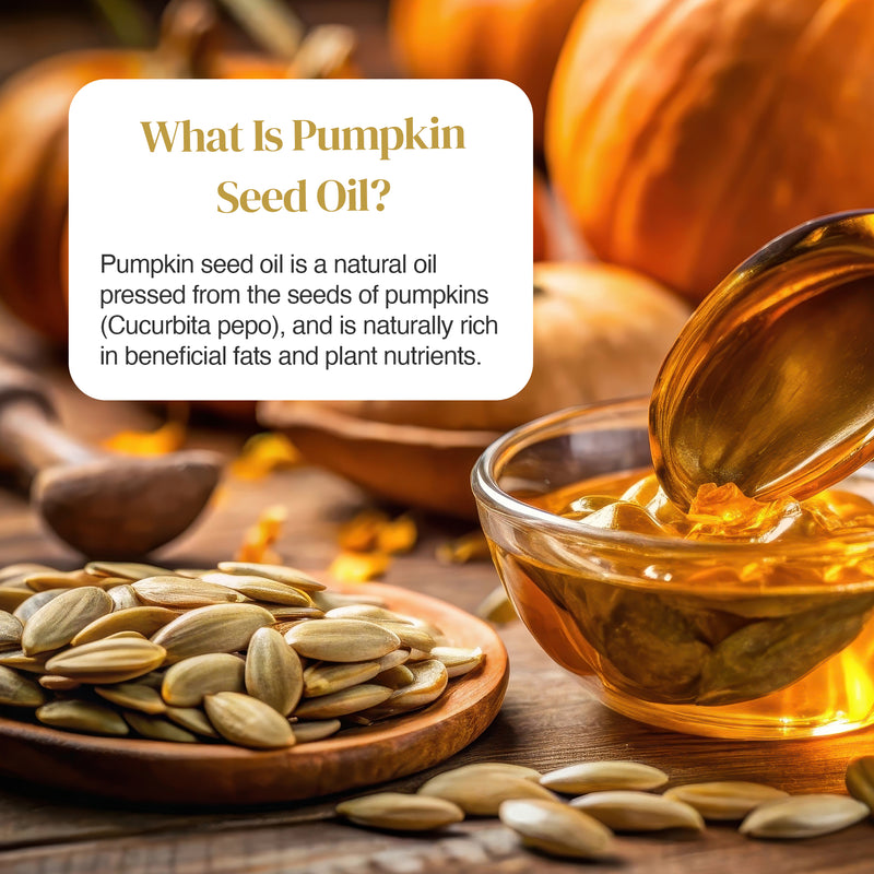 What Is Pumpkin Seed Oil infographic showing pumpkin seeds on a wooden plate and a glass bowl of golden oil.
