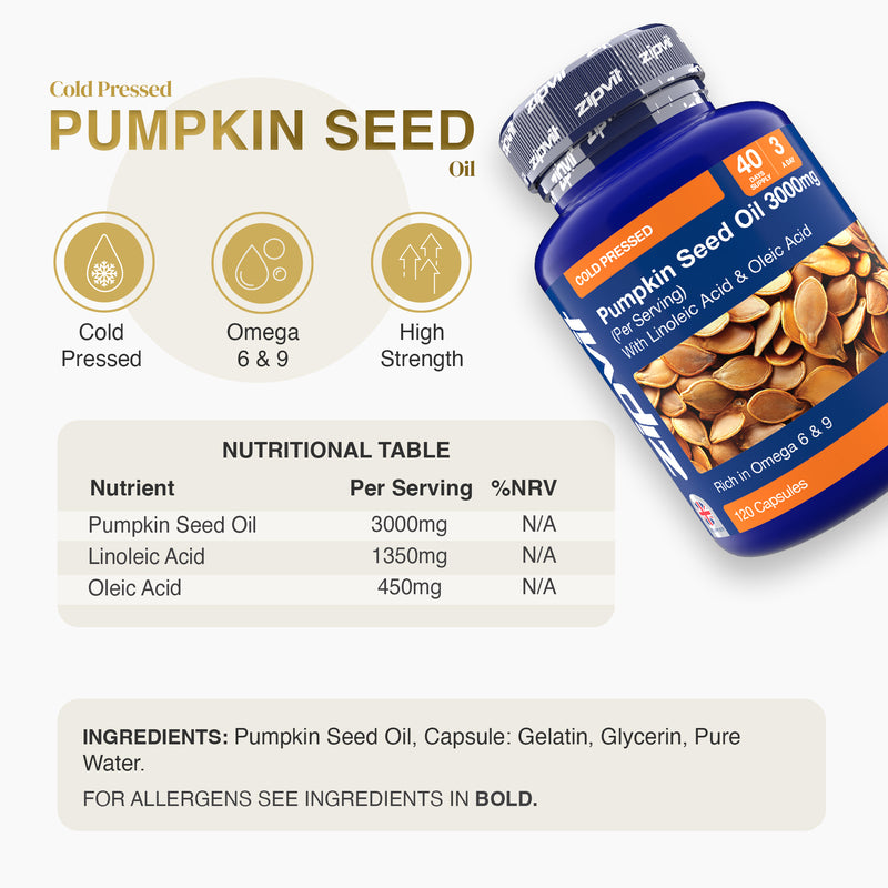 Pumpkin Seed Oil 3000mg bottle with pumpkin seed imagery on the blue label.