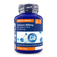 Blue bottle of Calcium 800 mg supplement with vitamins A and D