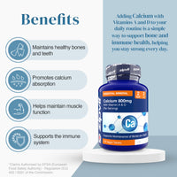 Benefits infographic listing bone health calcium absorption muscle function and immune support beside a blue bottle