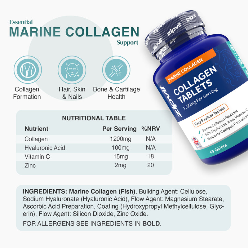 Blue bottle of Marine Collagen tablets tilted with allergen free icons and label Collagen Tablets 1200mg per Serving