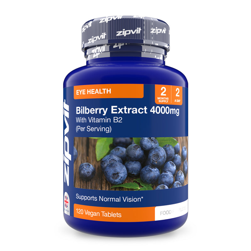 Bilberry Extract 4000mg bottle with Vitamin B2 and Eye Health label featuring blueberries.