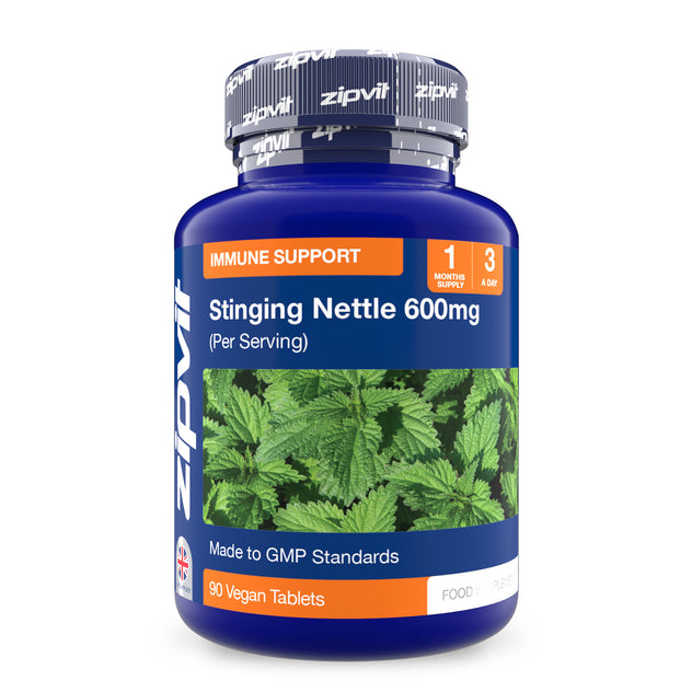 Stinging nettle 600mg supplement bottle with leaf image and immune support label.