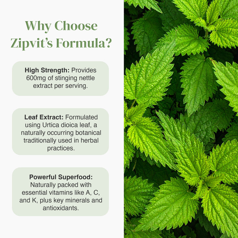 Promo graphic with Why Choose Zipvit's Formula headline, three rounded feature panels, and a close-up of nettle leaves on the right.