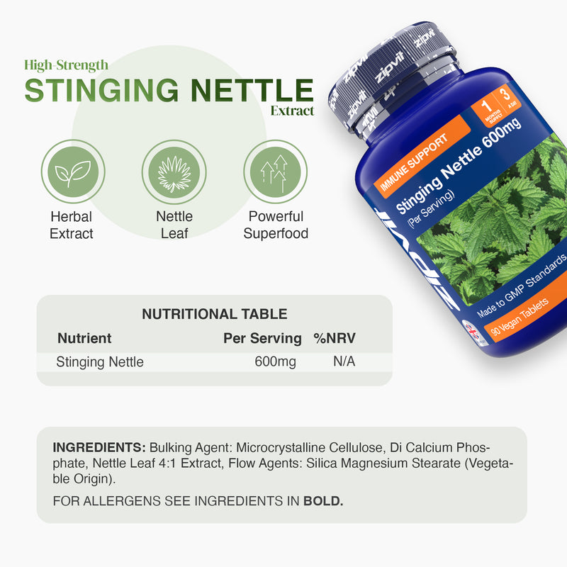 Blue Stinging Nettle 600mg supplement bottle angled against a background of fresh nettle leaves.