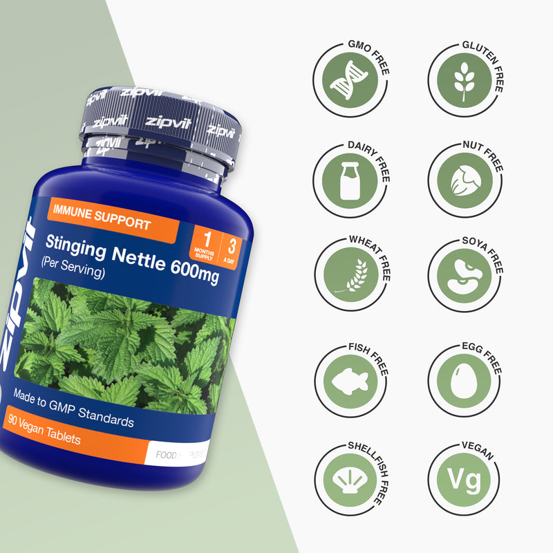 Stinging Nettle 600mg bottle with immune support label and a leafy green plant image on the label