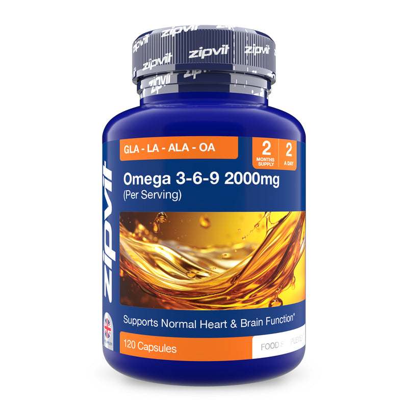 Blue Omega 3-6-9 supplement bottle with orange label and oil artwork