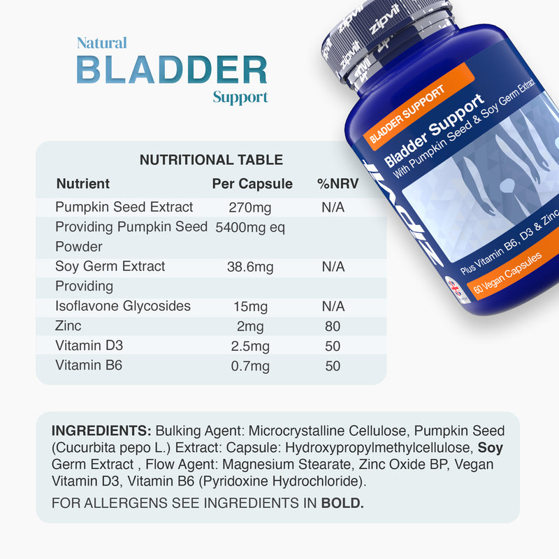 Blue bladder support supplement bottle tilted to the right beside a nutritional table and ingredients panel.
