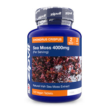 Sea Moss 4000mg supplement bottle with blue label and sea moss image, labeled per serving with 120 vegan tablets.