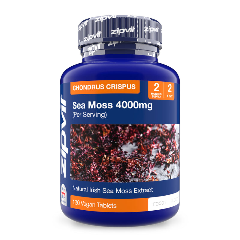 Sea Moss 4000mg supplement bottle with blue label and sea moss image, labeled per serving with 120 vegan tablets.