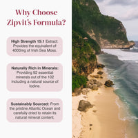 Promotional infographic for Sea Moss formula with three benefit cards beside a beachy background.