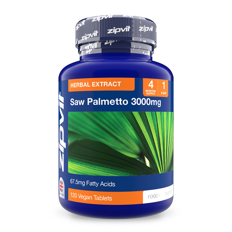 Saw Palmetto 3000mg bottle with green leaf graphic and orange label showing 120 vegan tablets