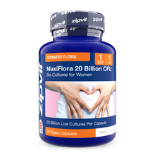 Blue Maxiflora Probiotic bottle with Intimate Flora label and hands forming a heart on the label