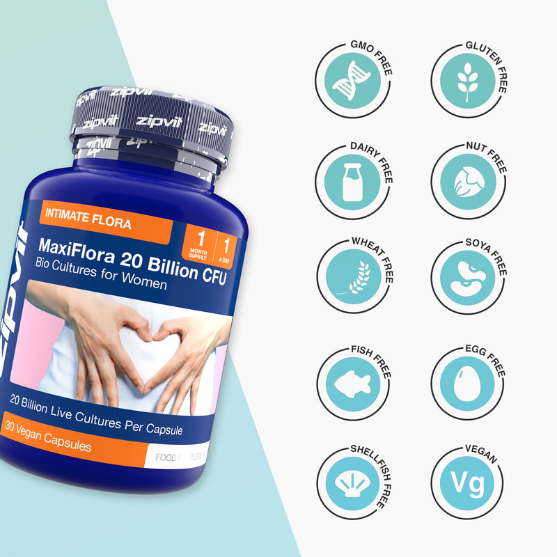 Blue MaxiFlora probiotic bottle angled left with 20 Billion CFU label and 30 vegan capsules