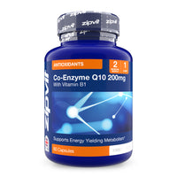 Blue bottle of Co-Enzyme Q10 200mg dietary supplement with Vitamin B1 and antioxidants