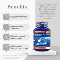 Benefits layout for Co-Enzyme Q10 with gray rounded captions on the left and a blue bottle on the right