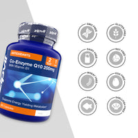 Angled blue Co Enzyme Q10 200mg bottle with Vitamin B1 and icons for GMO free gluten free dairy free nut free wheat free egg free fish free shellfish free