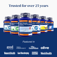 Row of blue dietary supplement bottles with orange labels on a white backdrop