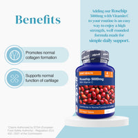 Rosehip 5000mg bottle on a benefits infographic showing cartilage and collagen icons in a blue and white layout