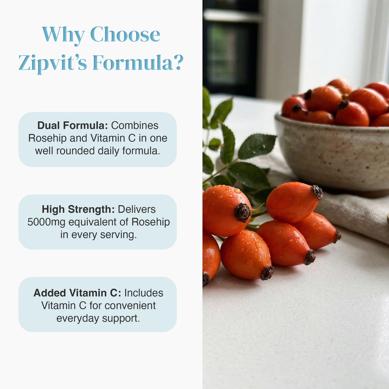 Why Choose Zipvit's Formula infographic detailing Dual Formula High Strength and Added Vitamin C beside a bowl of rosehips