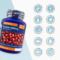 Rosehip 5000mg bottle tilted beside a grid of circular icons marking GMO FREE gluten FREE dairy FREE nut FREE wheat FREE soya FREE fish FREE egg FREE shellfish FREE and vegan