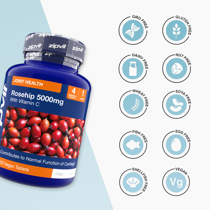 Rosehip 5000mg bottle tilted beside a grid of circular icons marking GMO FREE gluten FREE dairy FREE nut FREE wheat FREE soya FREE fish FREE egg FREE shellfish FREE and vegan