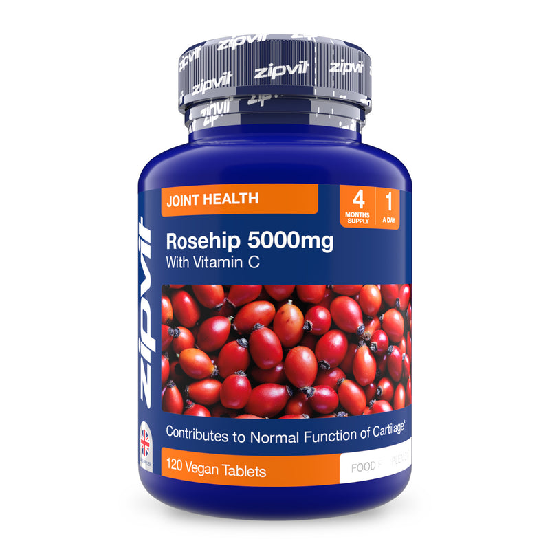 Blue Rosehip 5000mg vitamin C supplement bottle with label and berry image