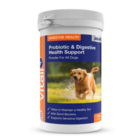 Probiotic digestive health support powder for dogs container with a running dog on the label