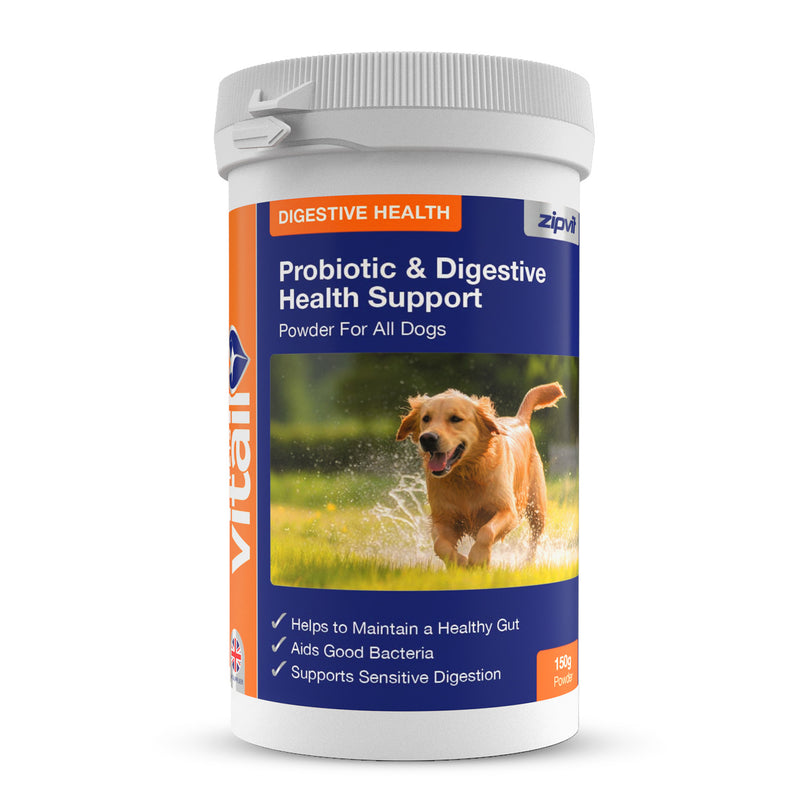 Probiotic digestive health support powder for dogs container with a running dog on the label