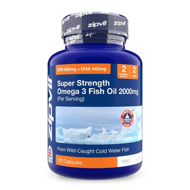 Blue bottle labeled Super Strength Omega 3 Fish Oil 2000mg with iceberg artwork and 120 capsules.