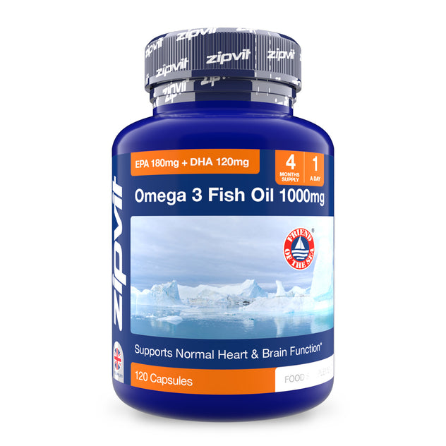 Blue Omega 3 Fish Oil 1000mg bottle with iceberg label and orange DHA details.